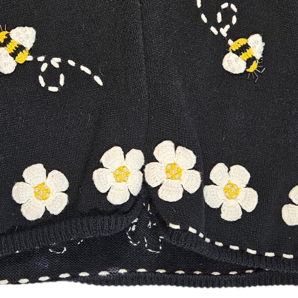 Vintage 90s Bumblebee Daisy Knit Vest Sz XL ? 3D Beaded Boho Grannycore Cottage - Picture 13 of 16